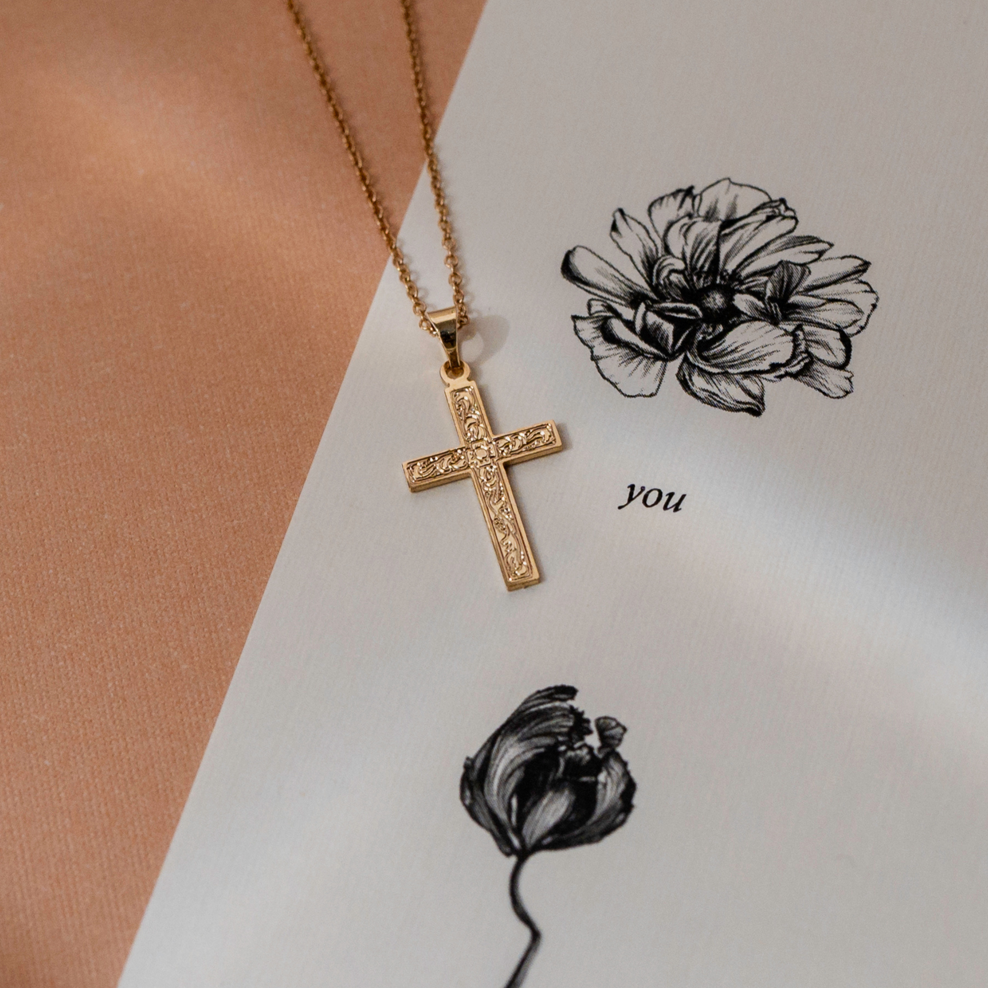 Floral Engraved Cross Pendant Necklace