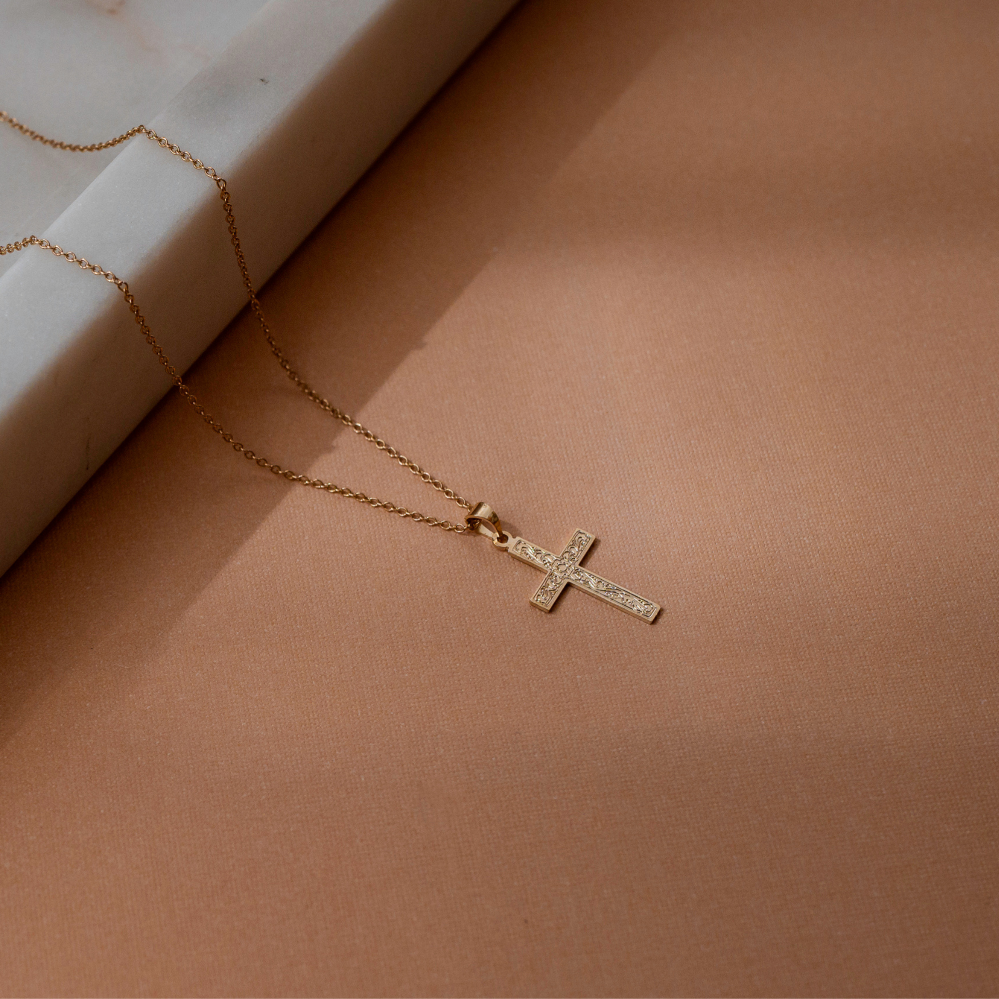 Floral Engraved Cross Pendant Necklace
