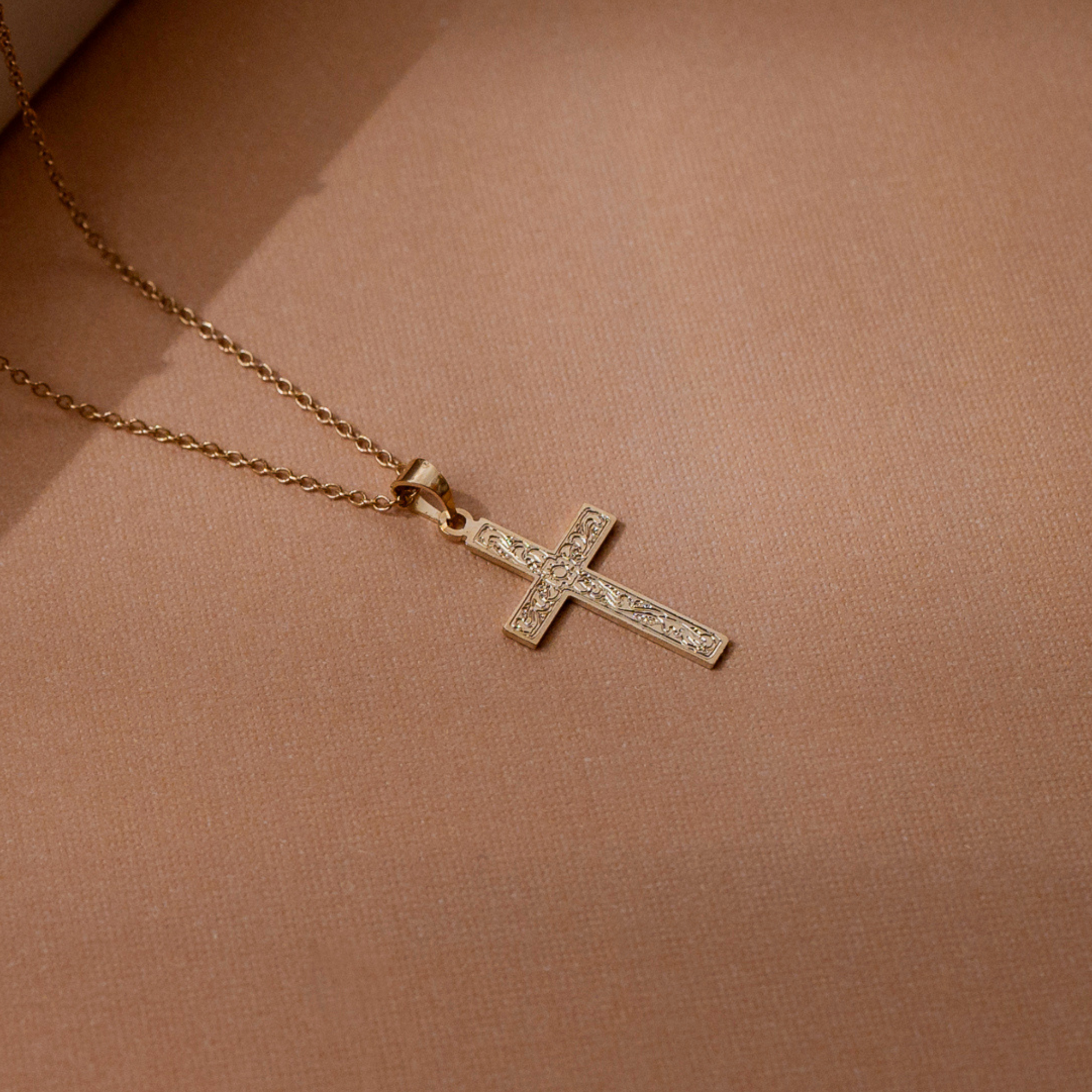Floral Engraved Cross Pendant Necklace