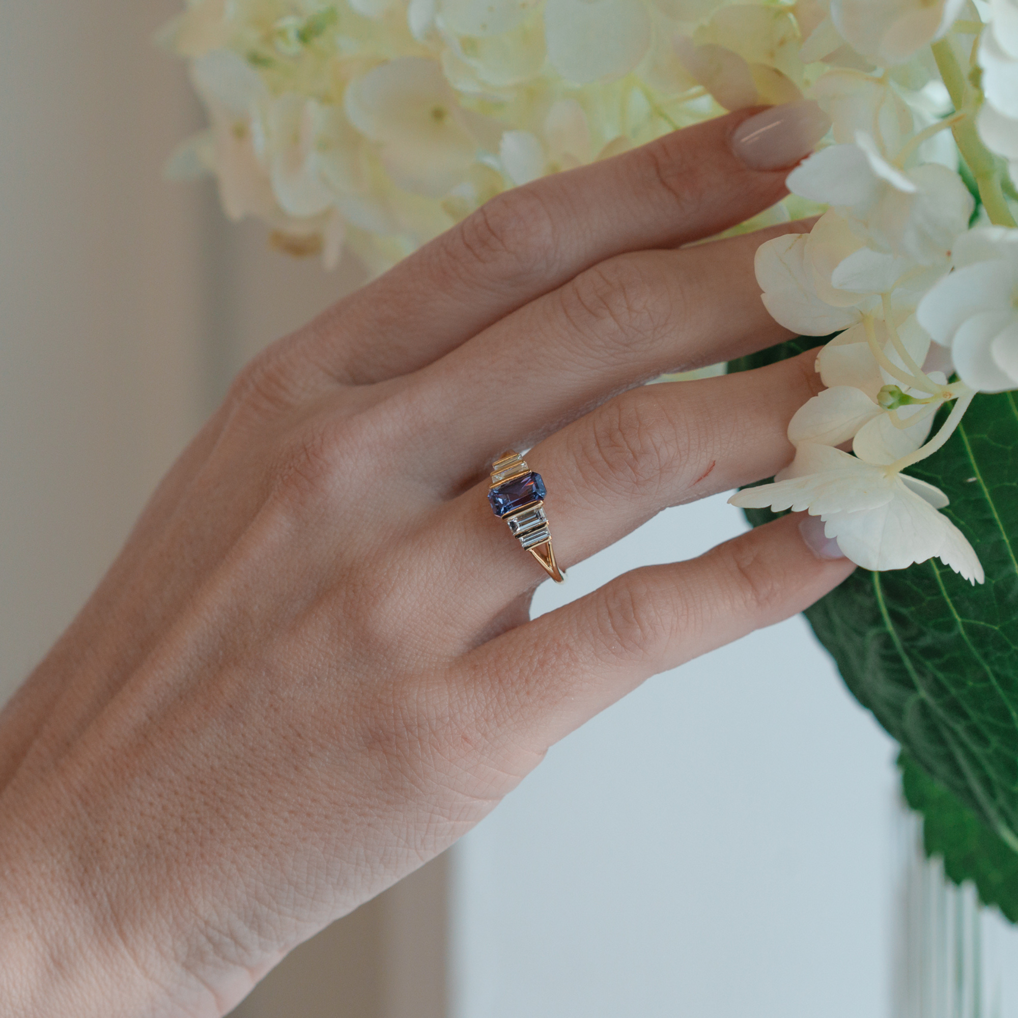 Purple Sapphire and Baguette Cut Diamond Ring