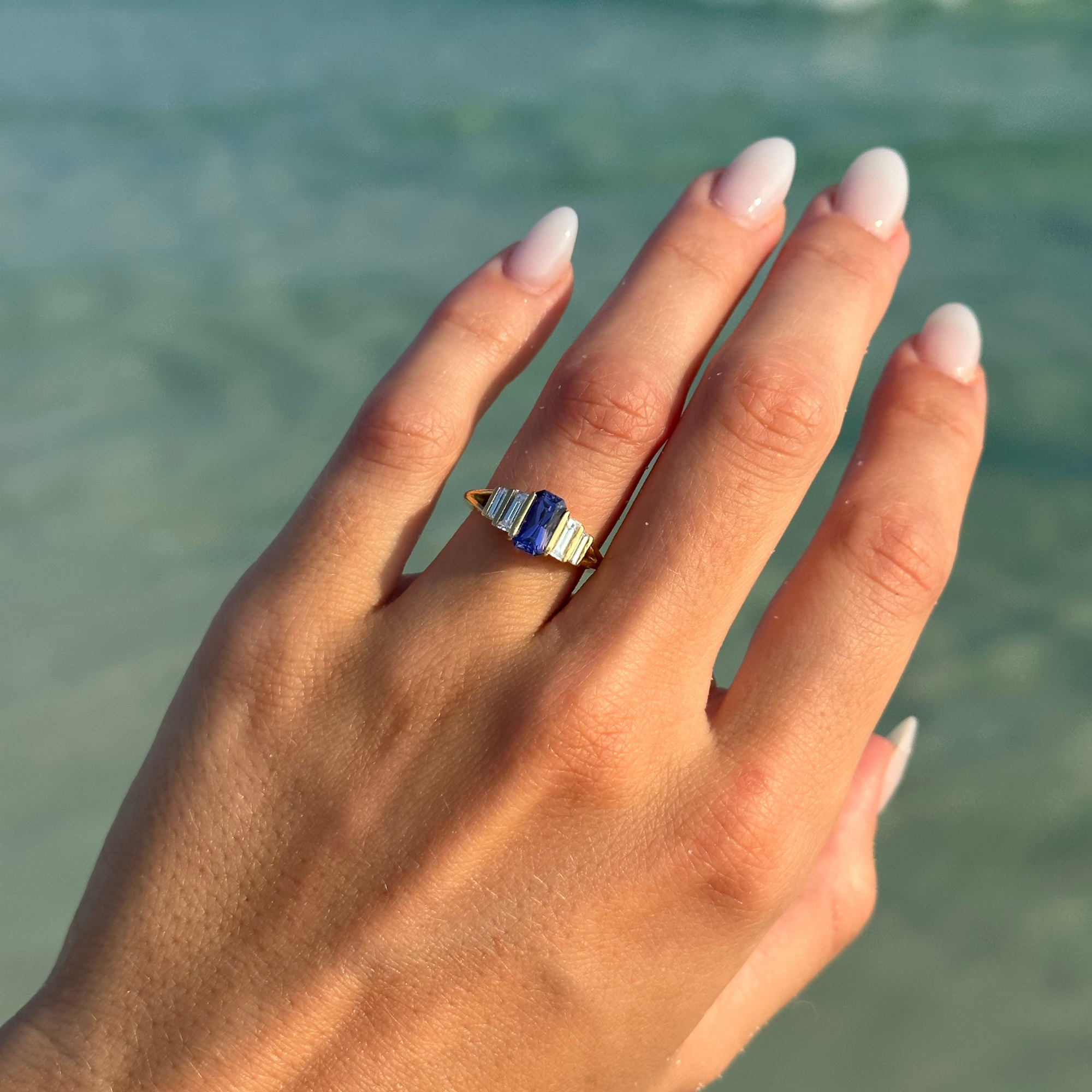 Purple Sapphire and Baguette Cut Diamond Ring